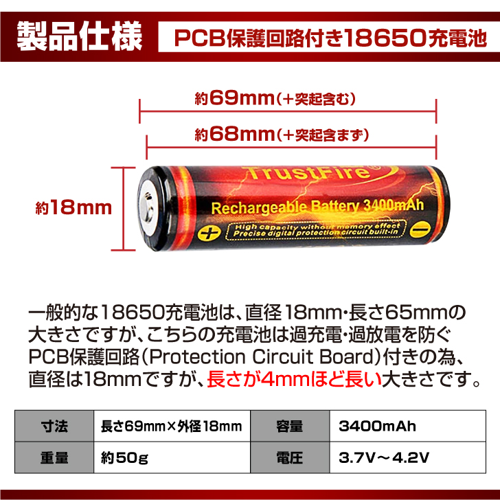 トラストファイヤー18650リチウムイオン充電池3400mAh – 防犯カメラ・ホームセキュリティ Glanshield